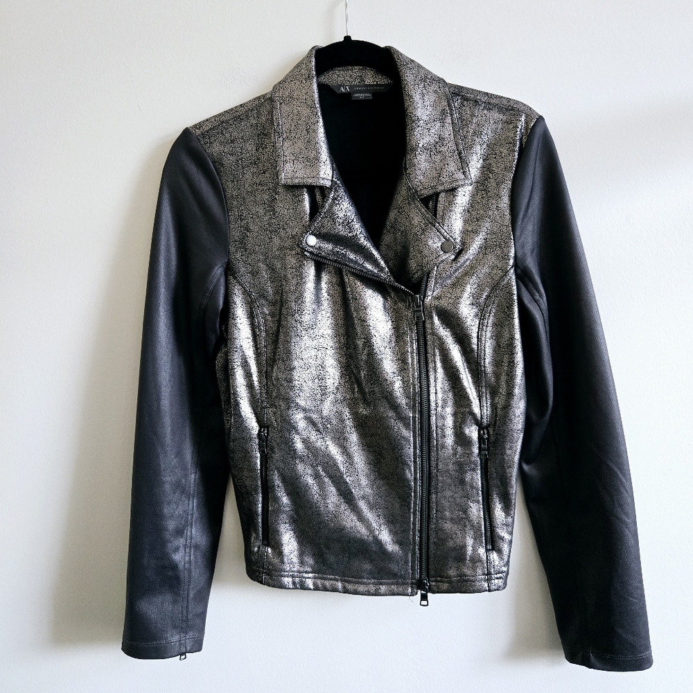 ARMANI EXCHANGE I M Faux Leather Moto Jacket I black silver metallic distressed